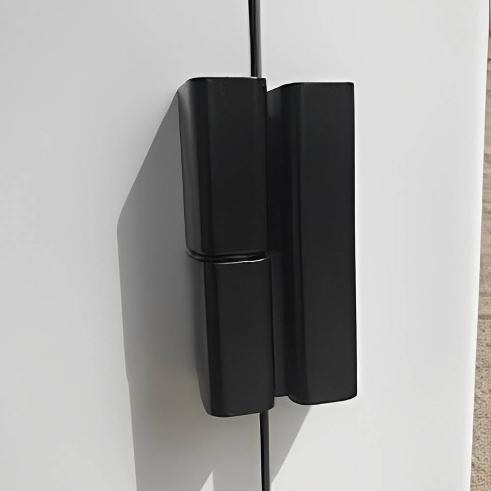 A close-up of the hinge system on the Watchdog Security Pet Doors Cover, showing black hinges on the white door