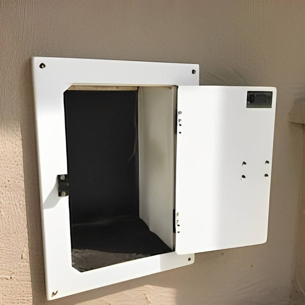 A partially open Watchdog Security Pet Doors Cover, showing the black bolt mechanism on the white door