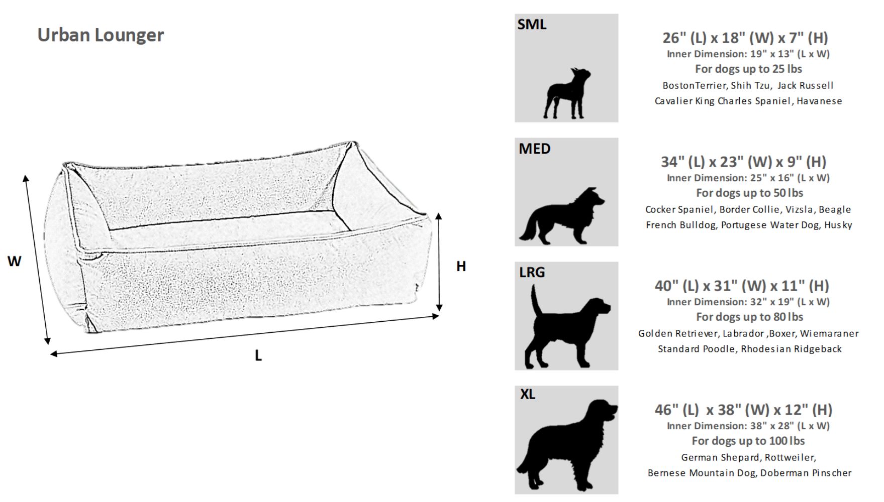 Bowsers Urban Lounger Dog Bed - Platinum Collection Size Chart