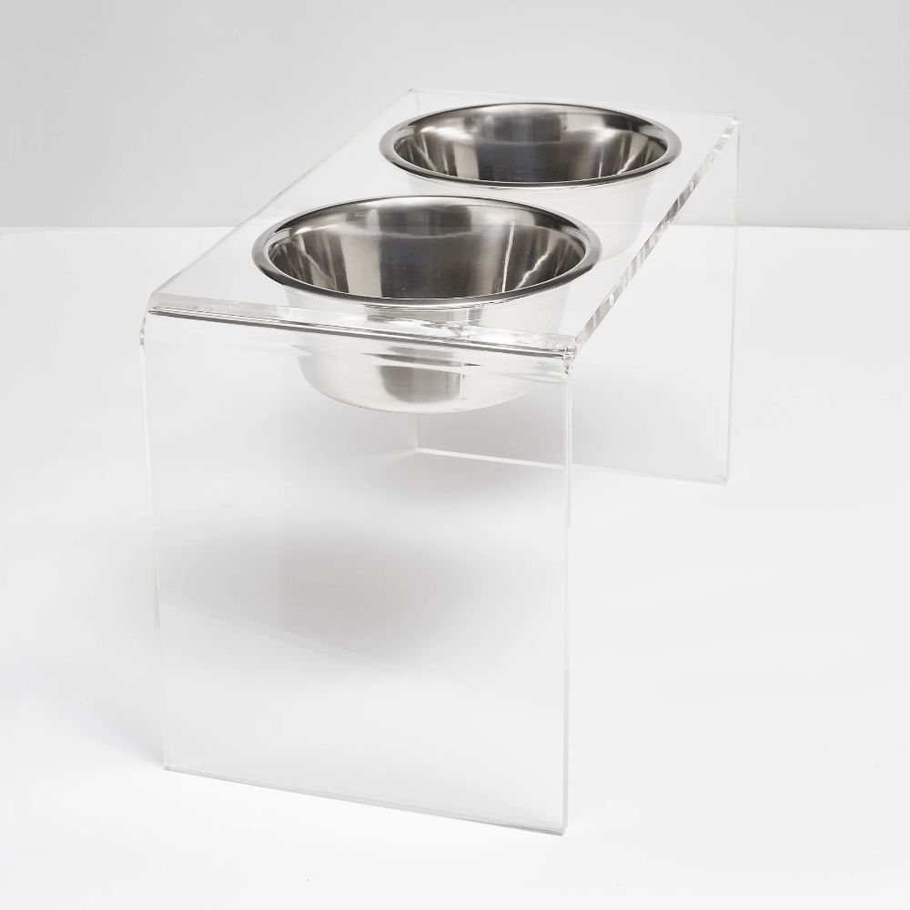 Hiddin Large Clear Double Pet Feeder With Two Stainless Steel Dog Bowls
