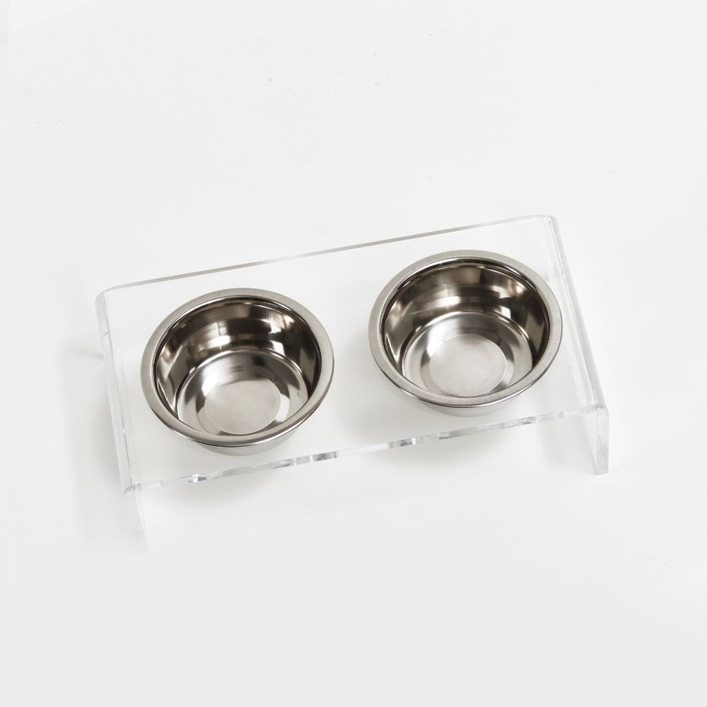 Hiddin Small Clear Double Dog Bowl Acrylic Pet Feeder With Silver Bowls