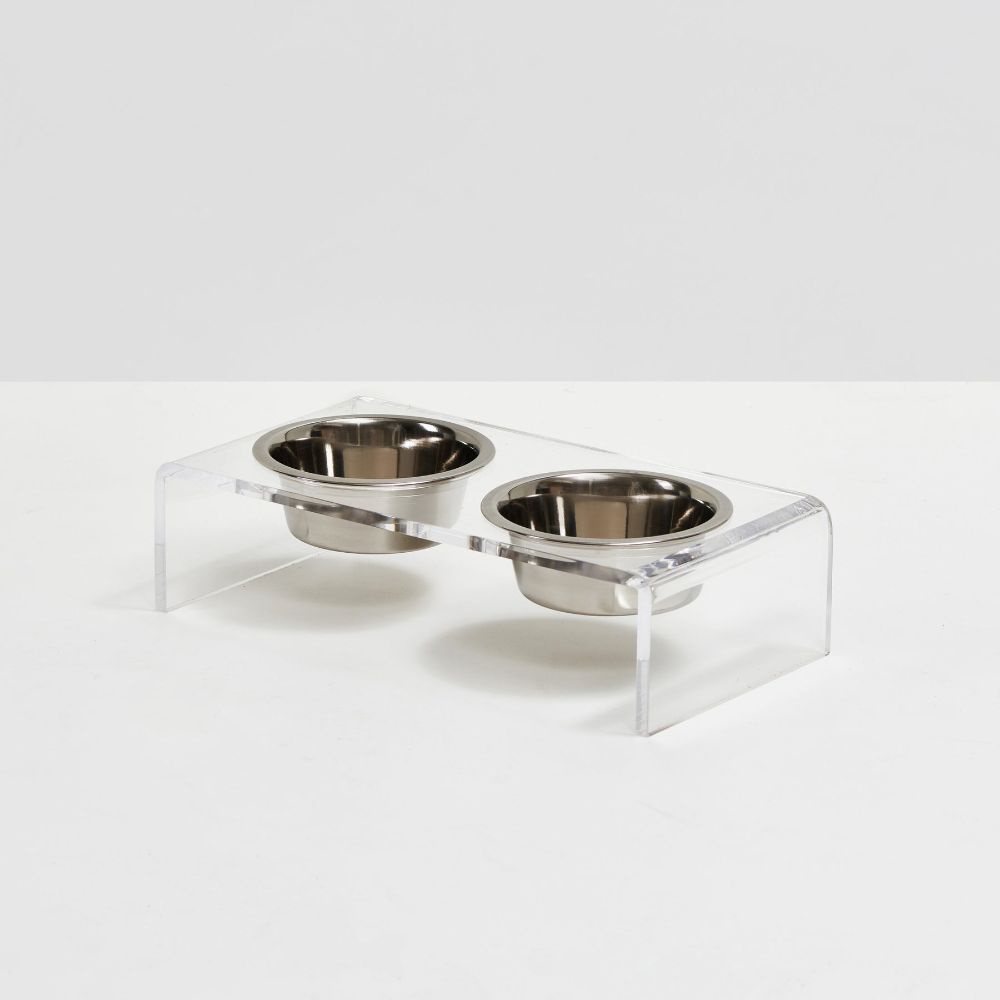Hiddin Small Clear Double Dog Bowl Feeder With Silver Bowls