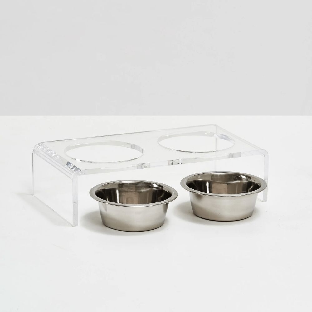 Hiddin Small Clear Double Dog Bowl Feeder With Stainless Steel Dog Bowls
