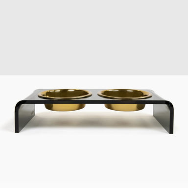 Hiddin The Smoke Grey Double Bowl Feeder With Two Gold Dog Bowls Small Pet Feeder
