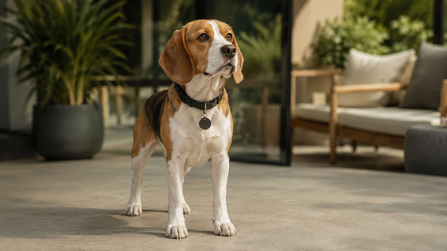 A beagle stands on a modern patio wearing a black collar with round dog ID tags hanging from the front