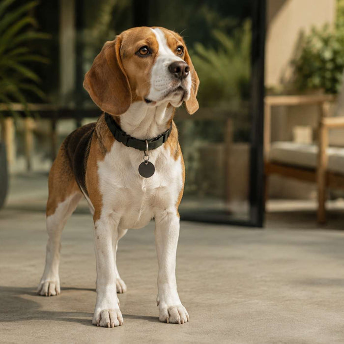 A beagle stands on a modern patio wearing a black collar with round dog ID tags hanging from the front