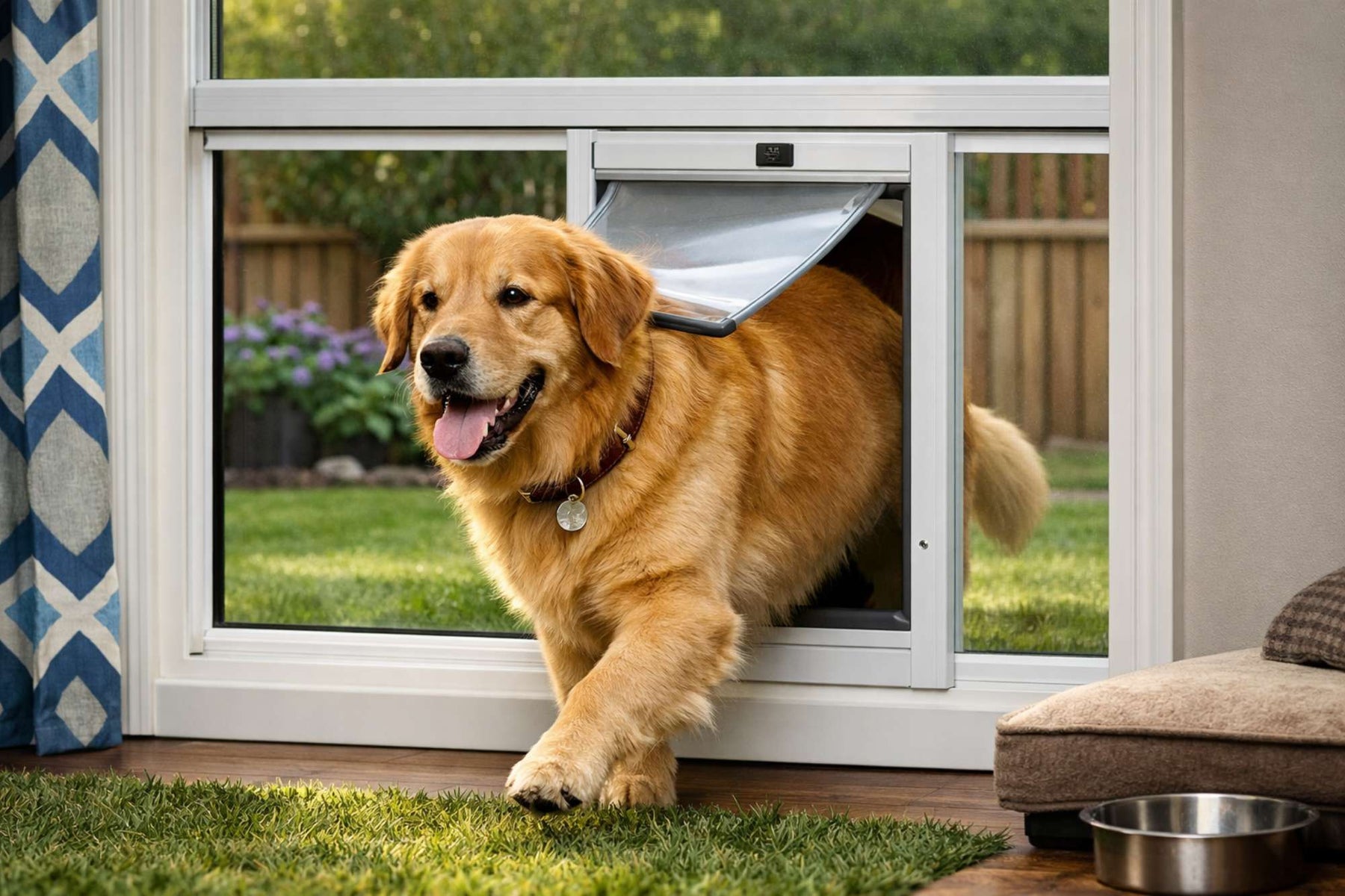 A golden retriever happily walks through a white-framed dog door for window installed in a sliding window