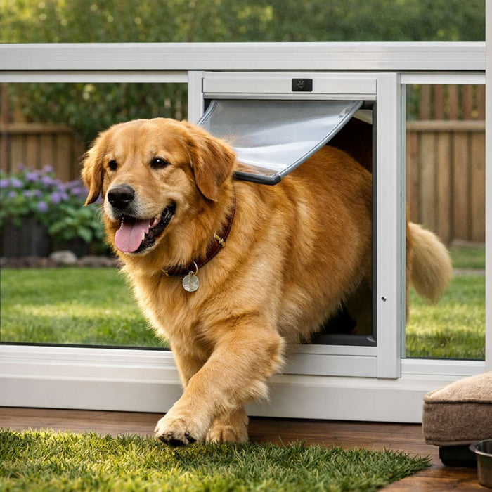 A golden retriever happily walks through a white-framed dog door for window installed in a sliding window