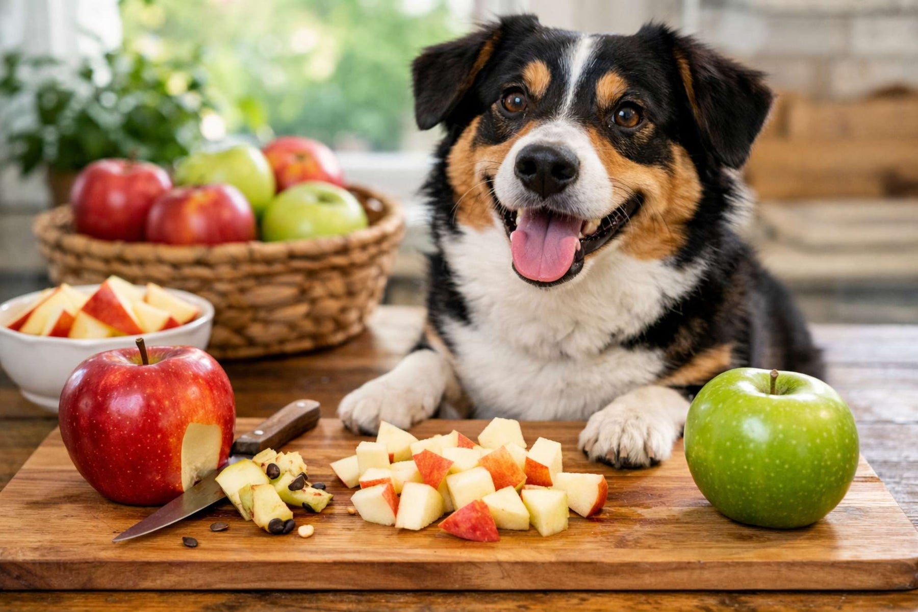 A happy tricolor dog sits at a wooden table with sliced apples and whole red and green apples in front of it, raising the question are dogs allowed to eat apples