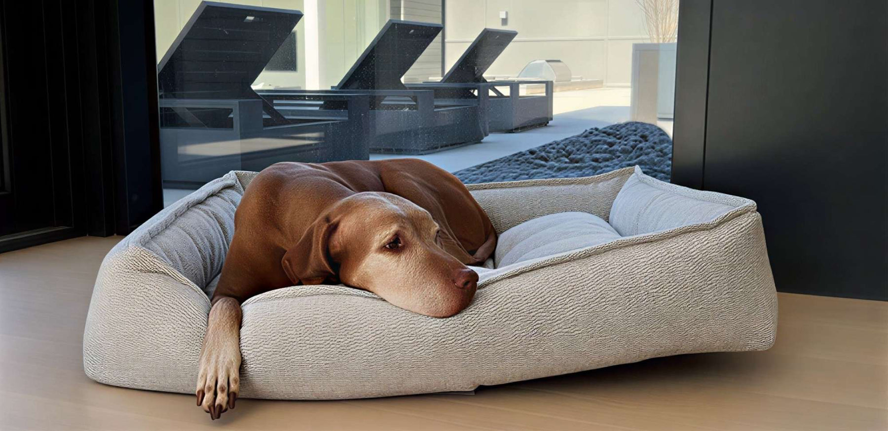 A relaxed dog lies stretched out on a soft waterproof dog bed indoors, positioned beside a window with a clear view of a stylish outdoor space
