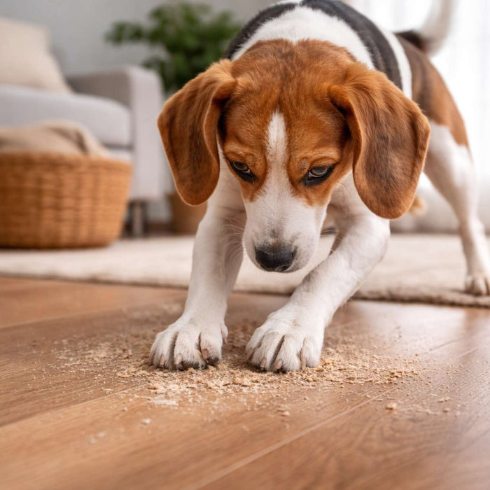 A small brown and white dog scratches a wooden floor, showing when dogs scratch the floor indoors