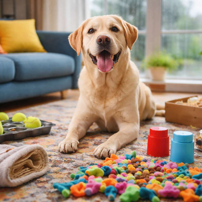 A smiling yellow Labrador sits indoors near a sofa and window, with muffin tins, cups, towels, and treat puzzles arranged for indoor dog activities