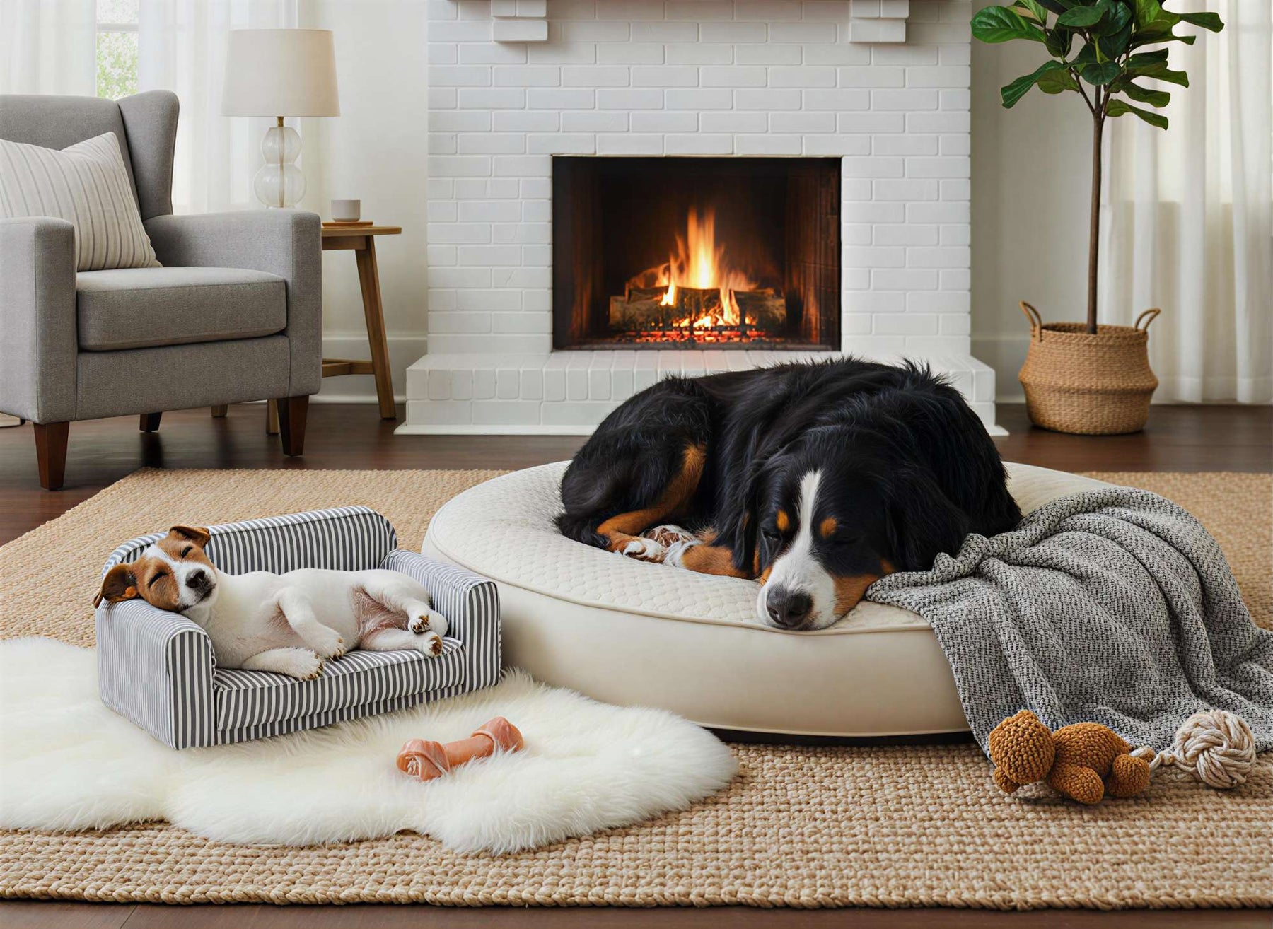 A big dog and a small dog sleep on soft pet beds by a fireplace, prompting the question can dog beds cause allergies