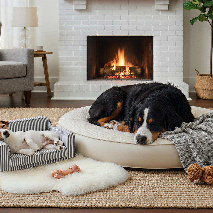 A big dog and a small dog sleep on soft pet beds by a fireplace, prompting the question can dog beds cause allergies