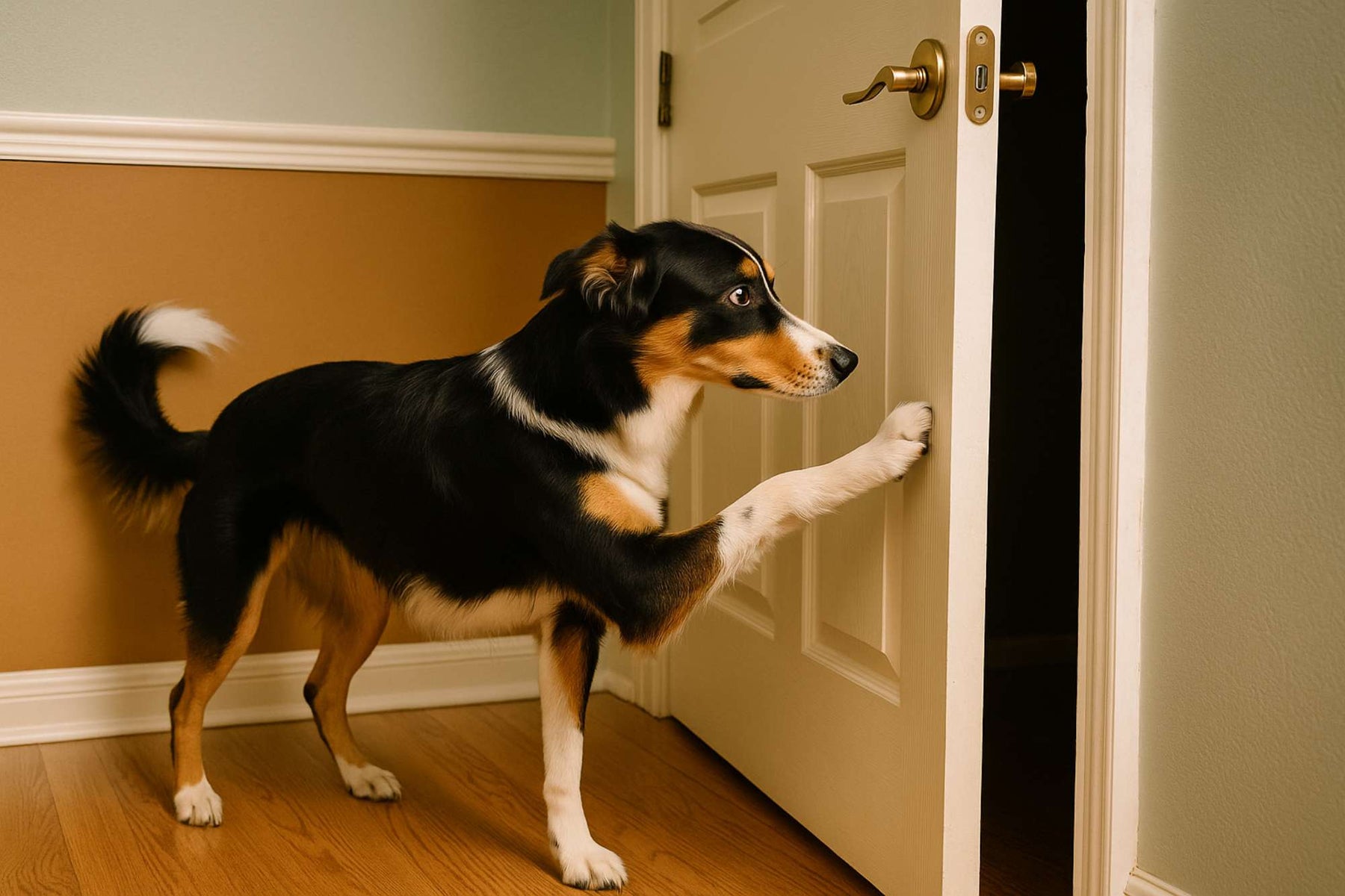 A black, brown, and white dog pushes a door open with its paw, illustrating the behavior behind why does my dog shut the door