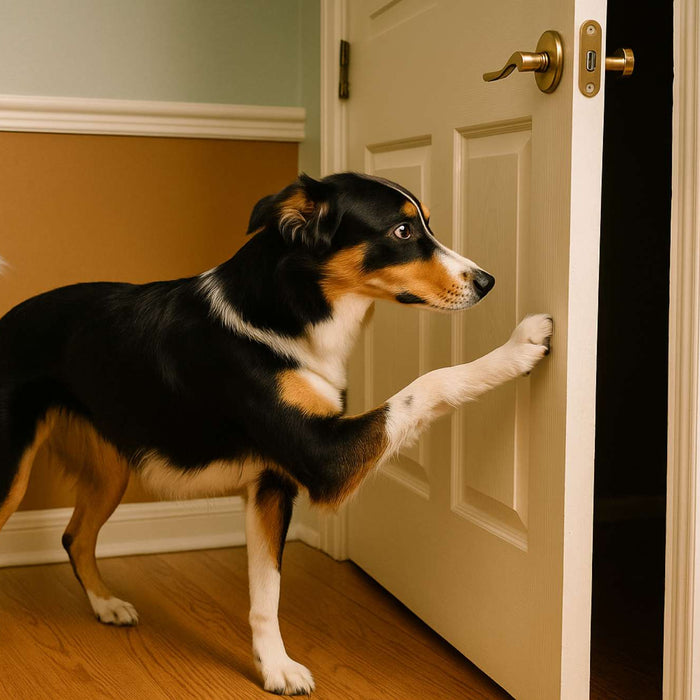 A black, brown, and white dog pushes a door open with its paw, illustrating the behavior behind why does my dog shut the door