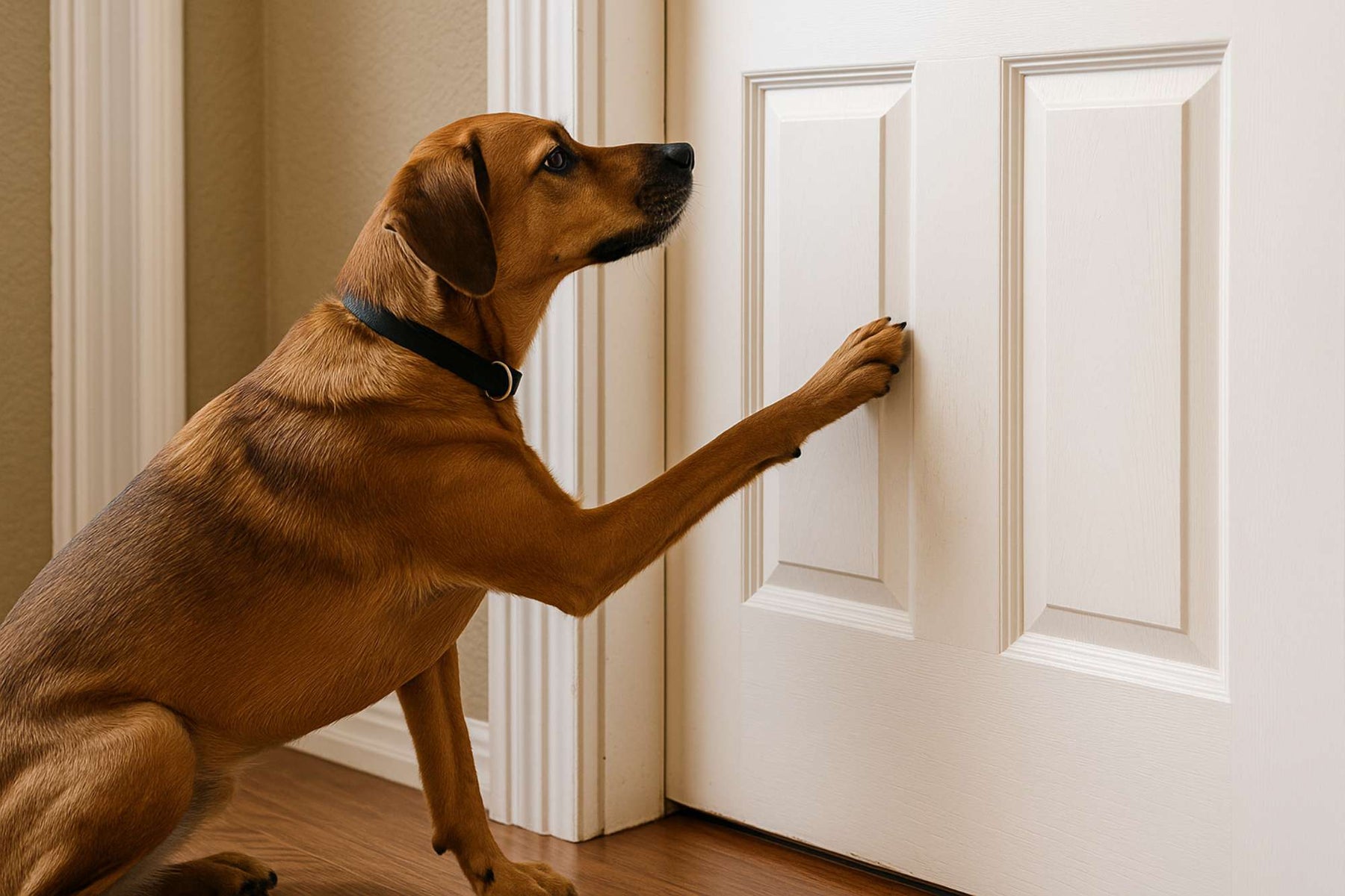 A brown dog scratches a white door, showing why people look for how to stop dog door scratching