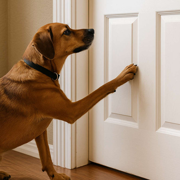 A brown dog scratches a white door, showing why people look for how to stop dog door scratching
