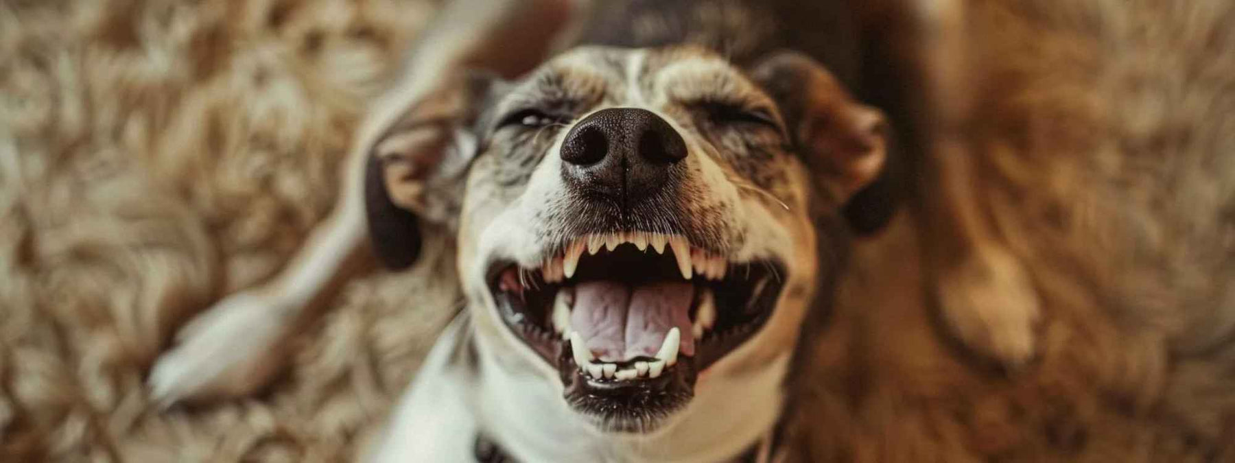 A close-up of a happy dog lying on a rug with its mouth wide open, showing clean teeth, perfect for a guide on How to Brush Dog Teeth