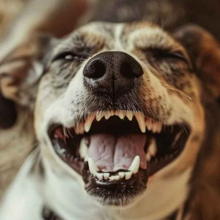 A close-up of a happy dog lying on a rug with its mouth wide open, showing clean teeth, perfect for a guide on How to Brush Dog Teeth