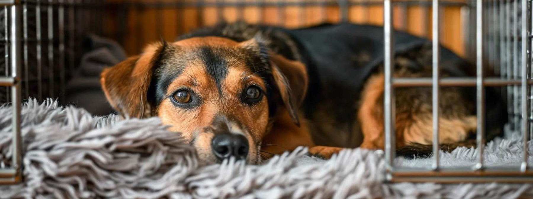 A close-up photo shows a brown and black dog resting inside a metal crate on a soft gray blanket, perfectly fitting the topic Can You Stack Dog Crates