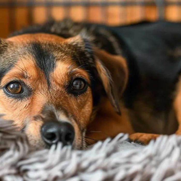 A close-up photo shows a brown and black dog resting inside a metal crate on a soft gray blanket, perfectly fitting the topic Can You Stack Dog Crates