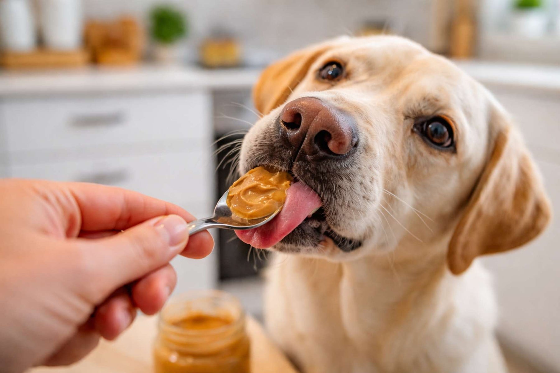 A close-up shows a dog eating peanut butter from a spoon in a home kitchen, relating to the question are dogs allowed to eat peanuts