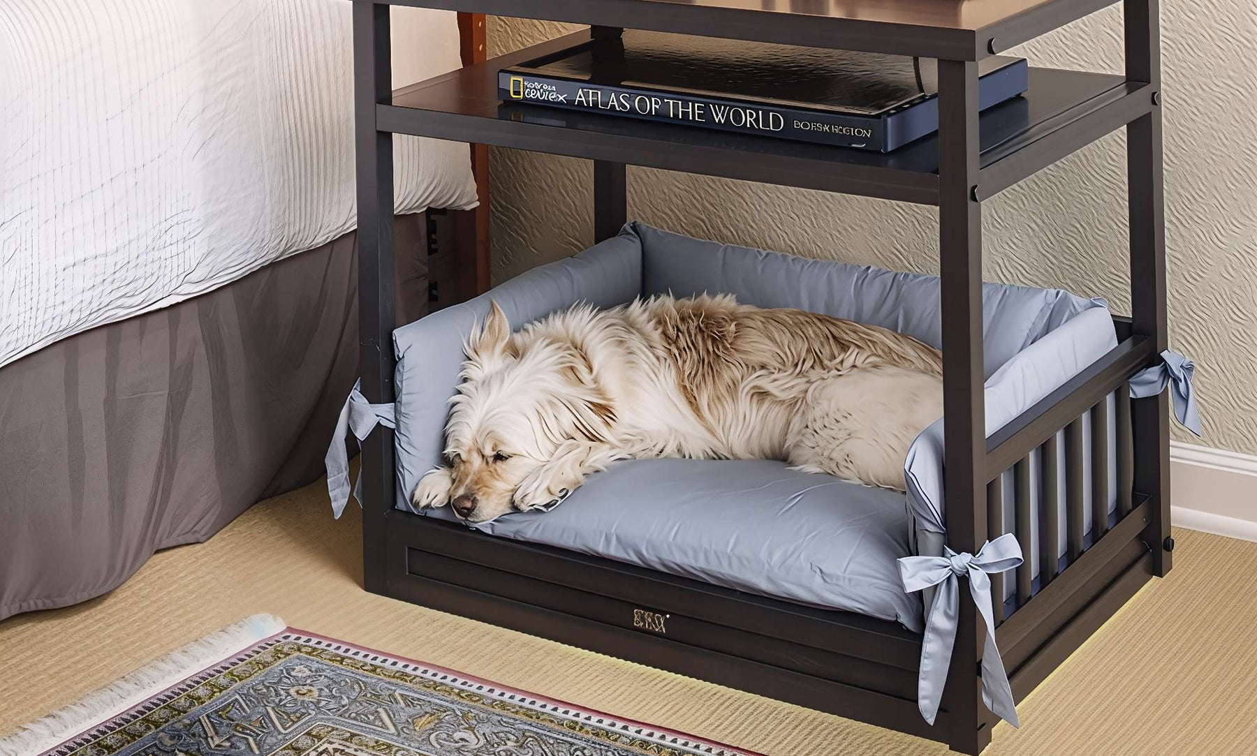 A fluffy dog naps in a cushioned bed under a nightstand, showing Why Are Dog Beds Elevated for comfort and space-saving
