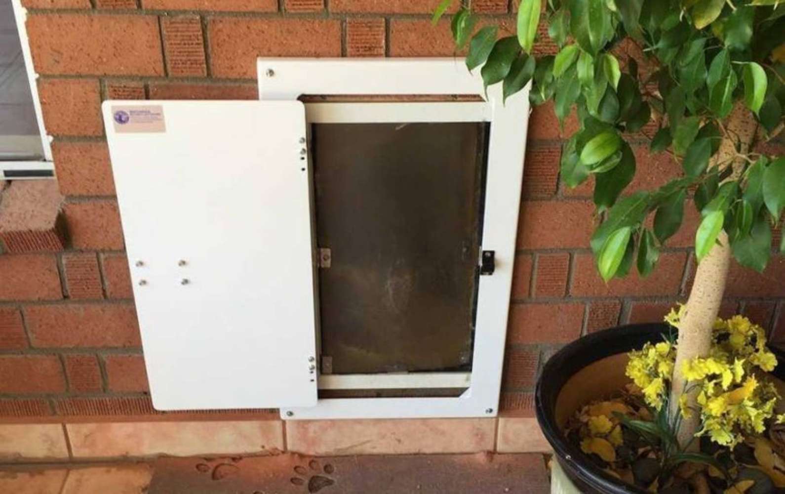 A fully closed Watchdog Security Pet Doors Cover with a black combination lock, installed in a brick wall next to a 'Wipe Your Paws' doormat and a potted plant. What are the best types dog doors for enhanced security