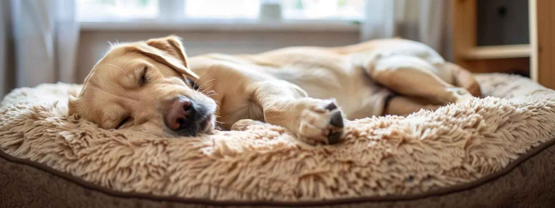 A golden labrador sleeps peacefully on a fluffy, soft dog bed, perfectly illustrating 9 Reasons Calming Dog Beds Reduce Anxiety