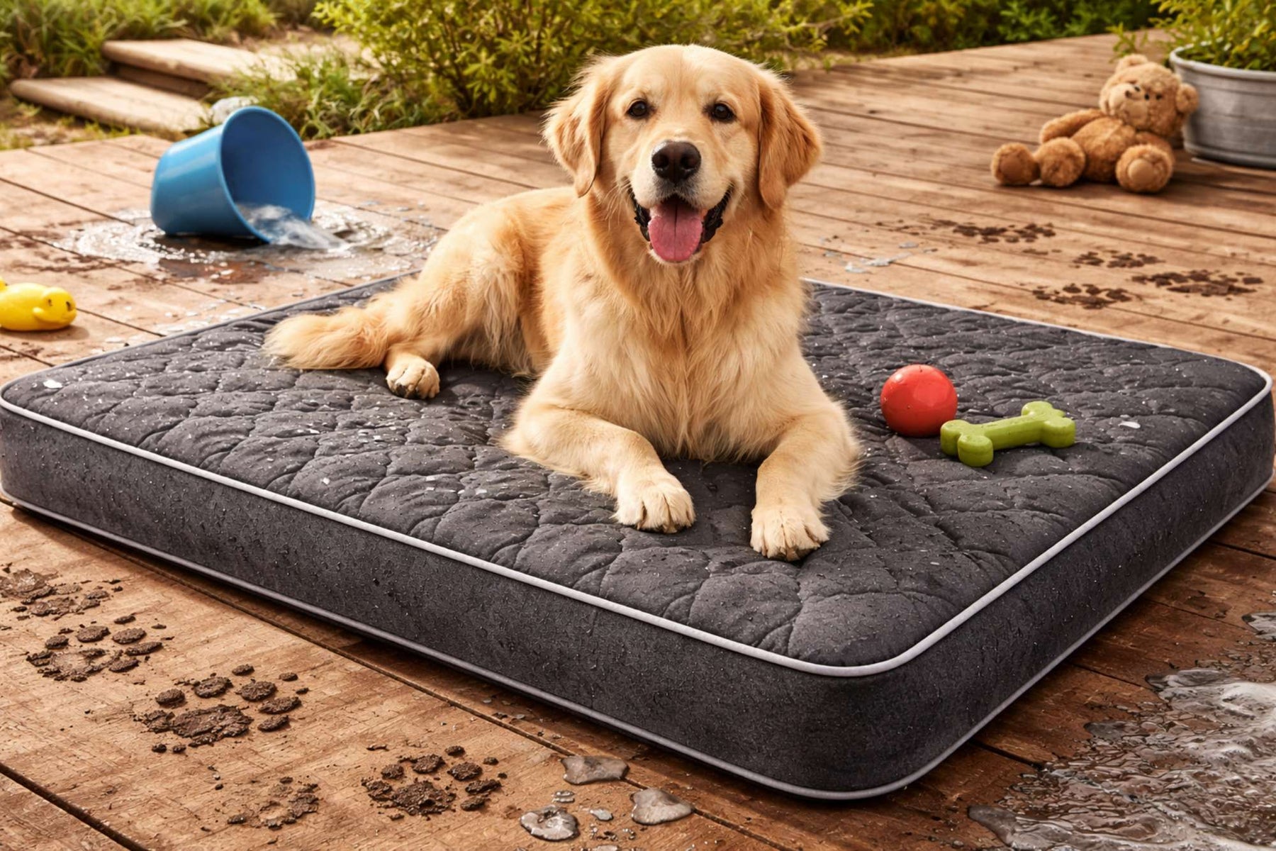 A golden retriever rests on a waterproof dog bed on a wet wooden deck with spilled water nearby, showing are dog beds waterproof in real-life use