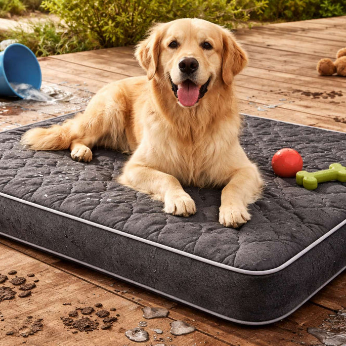 A golden retriever rests on a waterproof dog bed on a wet wooden deck with spilled water nearby, showing are dog beds waterproof in real-life use