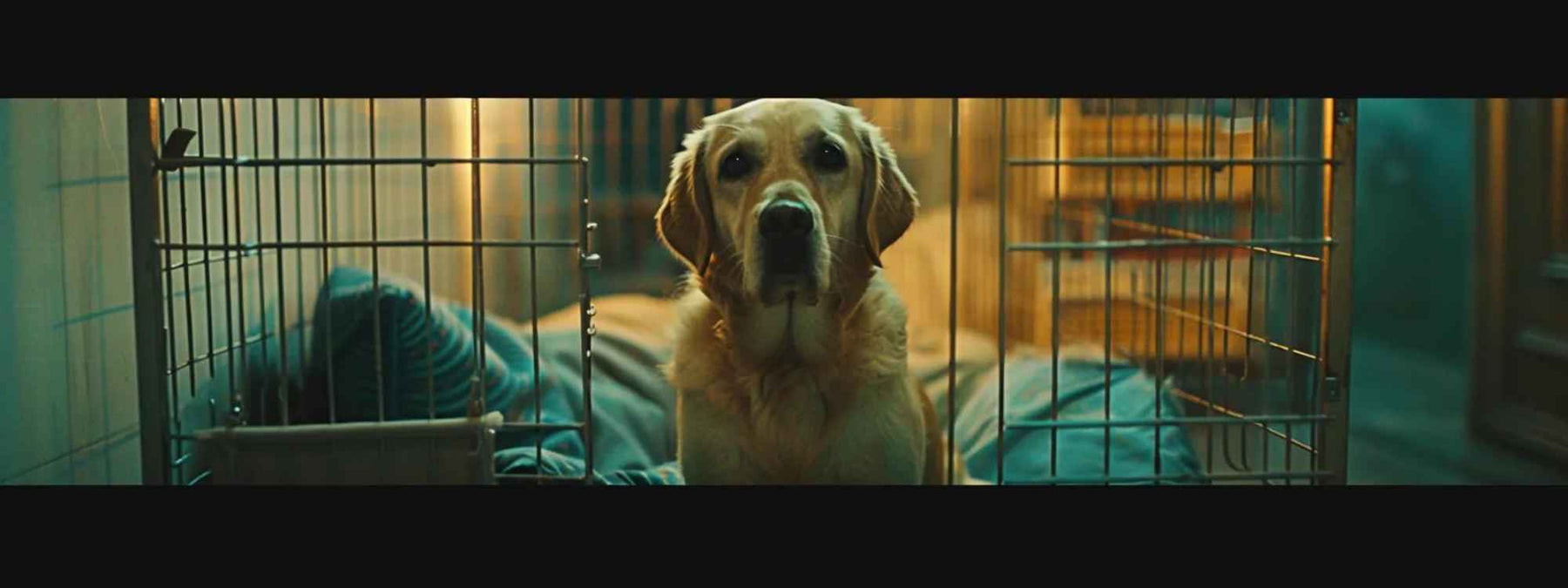 A golden retriever sits inside a wire kennel with soft bedding, reminding readers why learning How to Clean Dog Kennel Flooring matters for comfort and hygiene