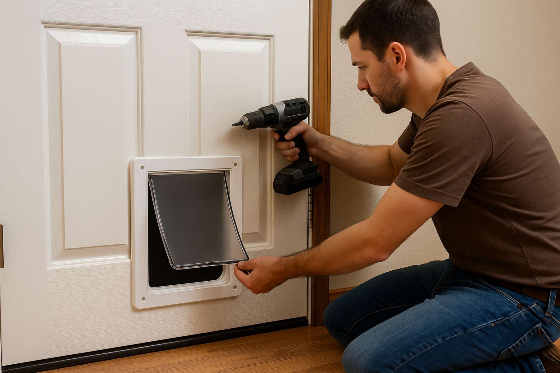 A man kneels on the floor using a drill to install a pet door in a white door, showing how to make dog door