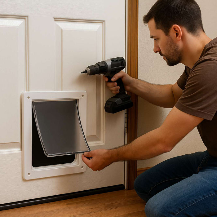 A man kneels on the floor using a drill to install a pet door in a white door, showing how to make dog door