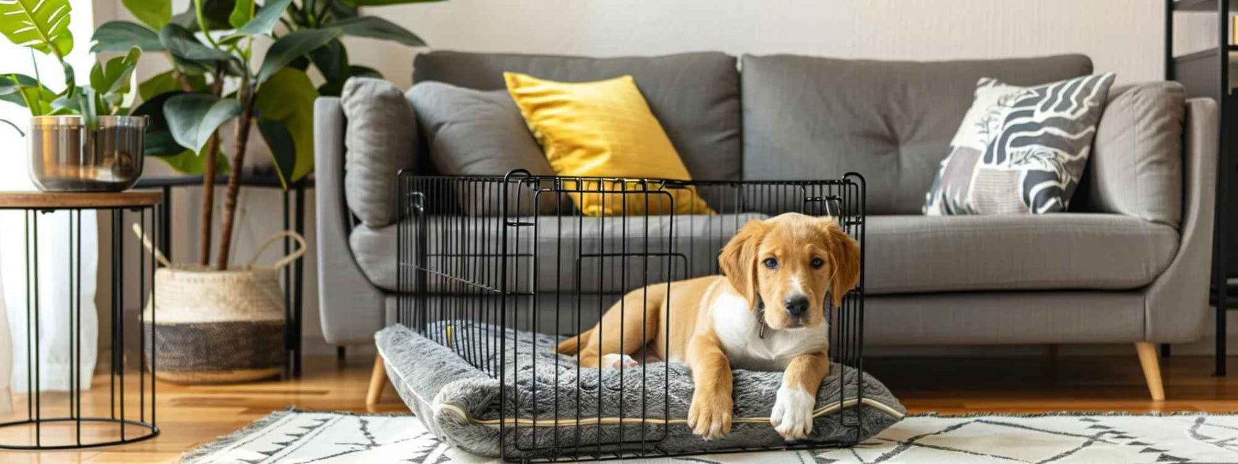 A puppy lies comfortably inside an open crate placed in a cozy living room with a sofa and plants, illustrating the topic How Long Can a Dog Stay In a Crate