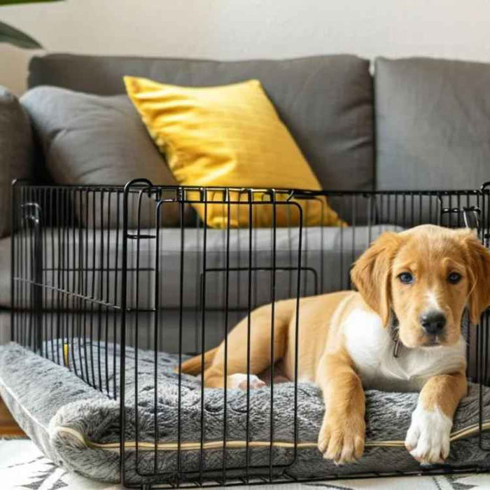 A puppy lies comfortably inside an open crate placed in a cozy living room with a sofa and plants, illustrating the topic How Long Can a Dog Stay In a Crate