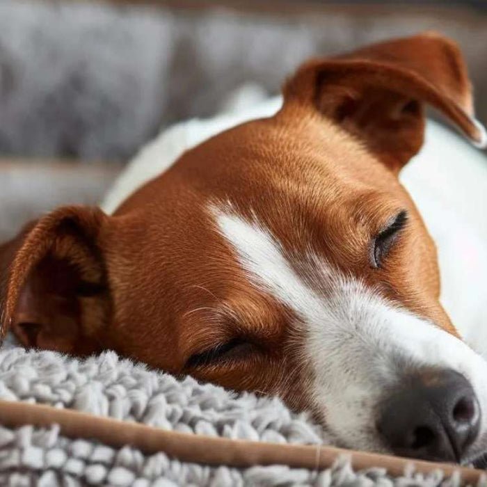 A relaxed Jack Russell Terrier curls up on a soft gray dog bed, a cozy example of why knowing “Can Dog Beds Go in the Dryer” matters