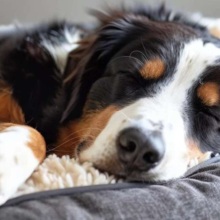 A resting dog with its head down and paws stretched out on a fluffy bed highlights the comfort explored in Are Dog Beds Bad for Dogs