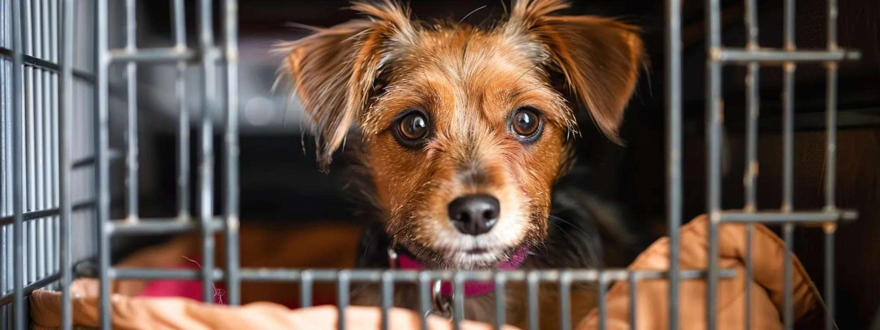 A small brown dog looks out from a metal crate, reflecting the question Are Dog Crates Good or Bad