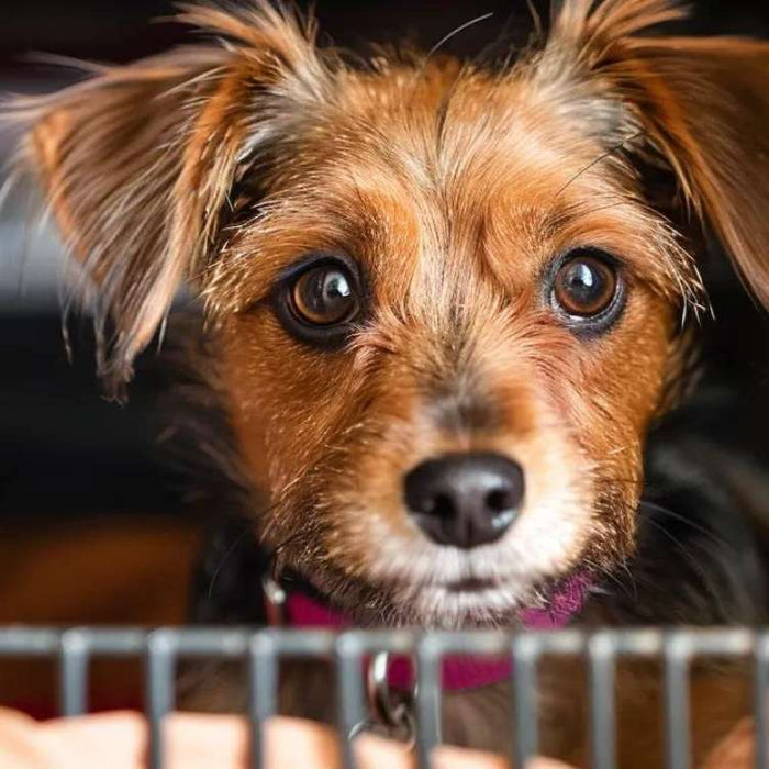A small brown dog looks out from a metal crate, reflecting the question Are Dog Crates Good or Bad