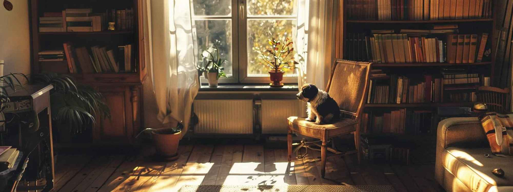 A small dog sits quietly on a chair in a sunlit room surrounded by bookshelves, a peaceful setting perfect for Indoor Dog Activities That Calm Anxious Pups