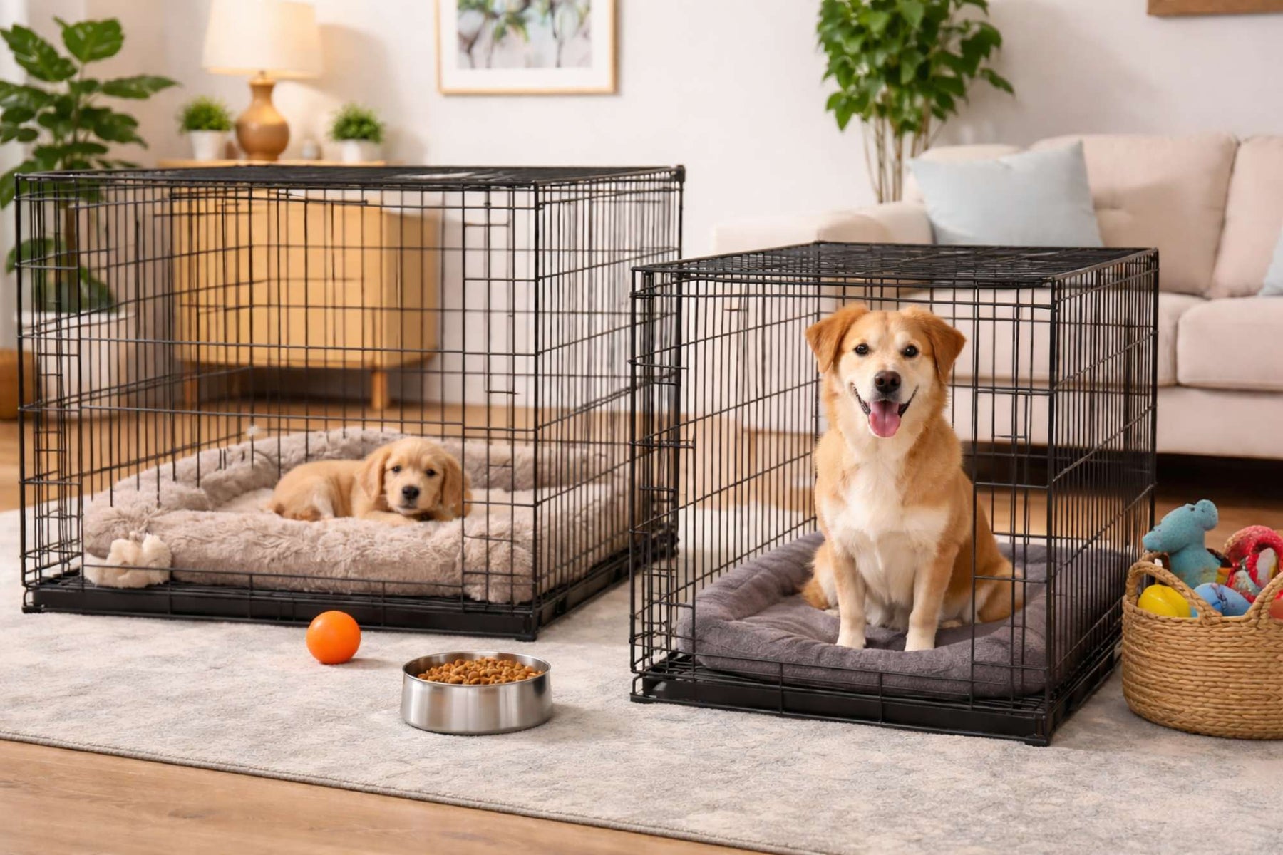 A small puppy in a large crate and an adult dog in a fitted crate show that can dog crates be too big for comfort and training