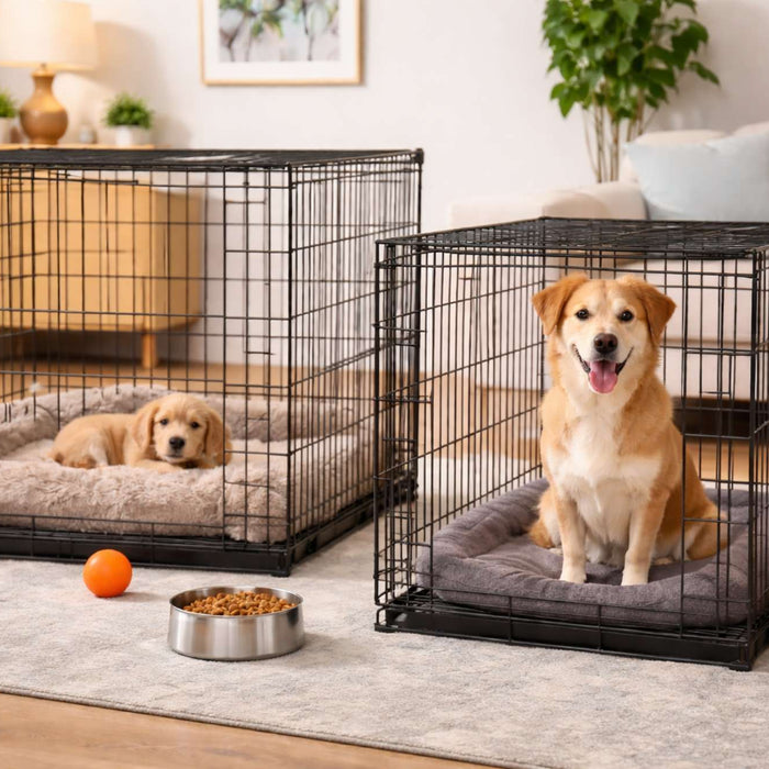 A small puppy in a large crate and an adult dog in a fitted crate show that can dog crates be too big for comfort and training