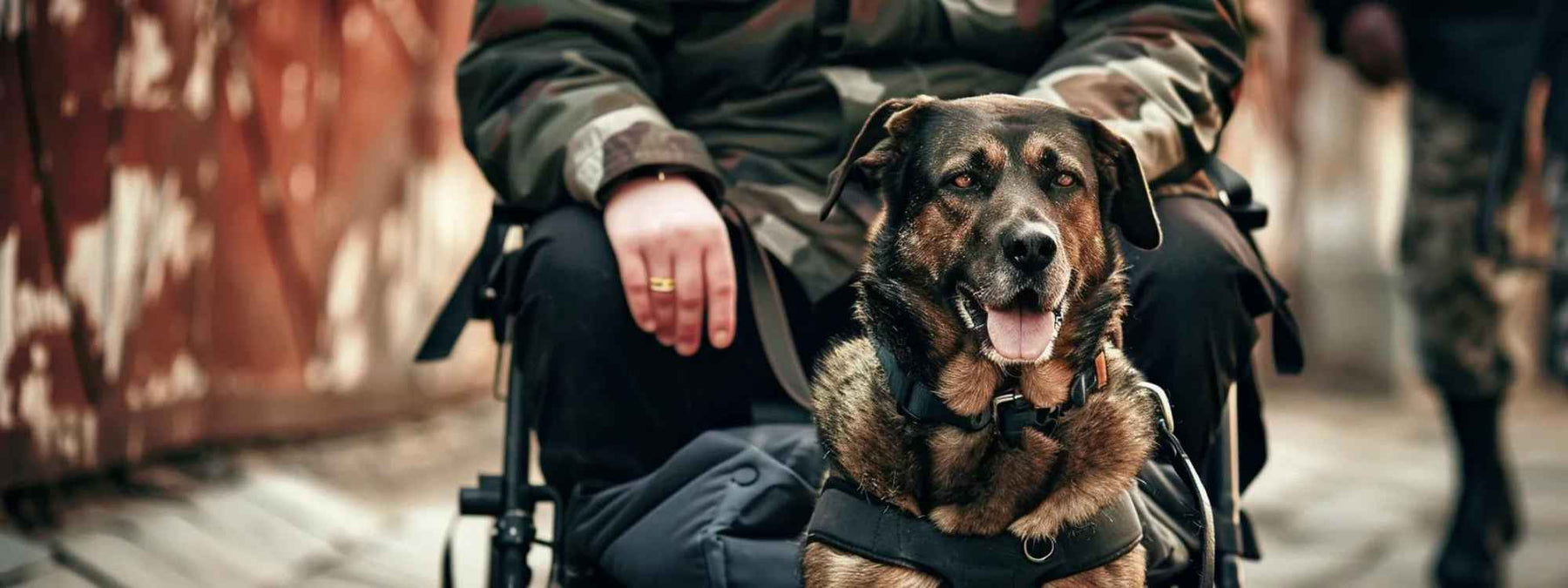 A trained service dog sits calmly in front of a person in a wheelchair, showing a real-life example of What Is Dog Service Training