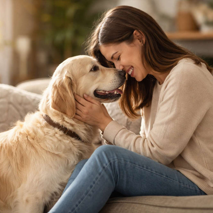 A woman gently holds her golden retriever on a sofa as they touch noses, showing why your dog understands you better than most people