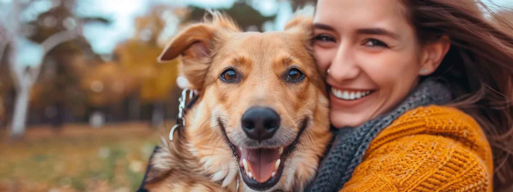 A woman hugs her smiling dog in a park on a crisp autumn day, showing the bond behind How to Help Your Dog Live a Long, Healthy, Happy Life