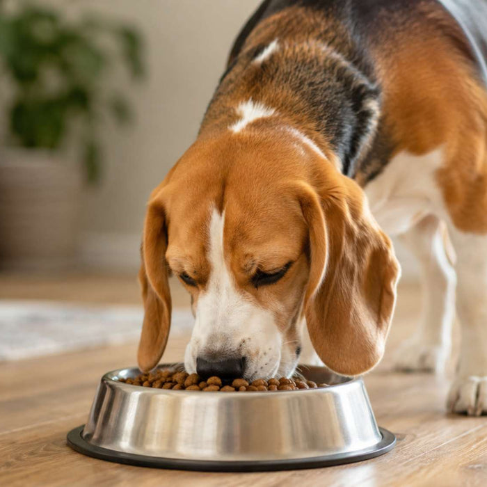 Beagle eats dry dog food from a stainless steel bowl indoors, illustrating obesity prone dog breeds and the importance of portion control