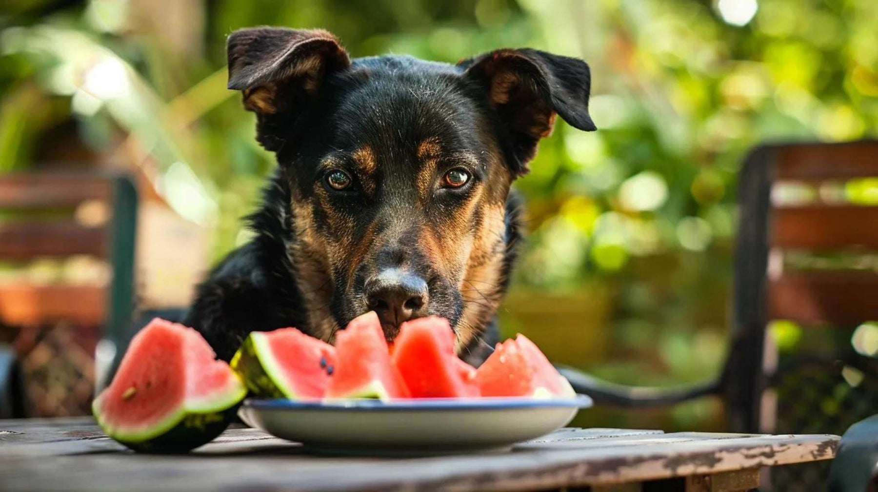 Black and tan dog stares at a plate of watermelon slices outdoors while exploring whether can dogs eat watermelon safely