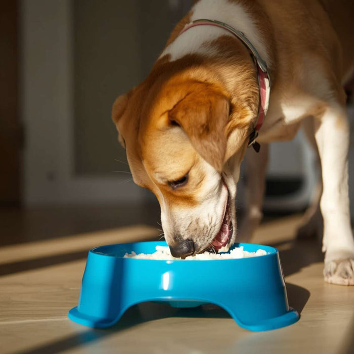 Dog eats plain white rice from a blue pet bowl, showing can dogs eat rice as part of a simple meal for dogs